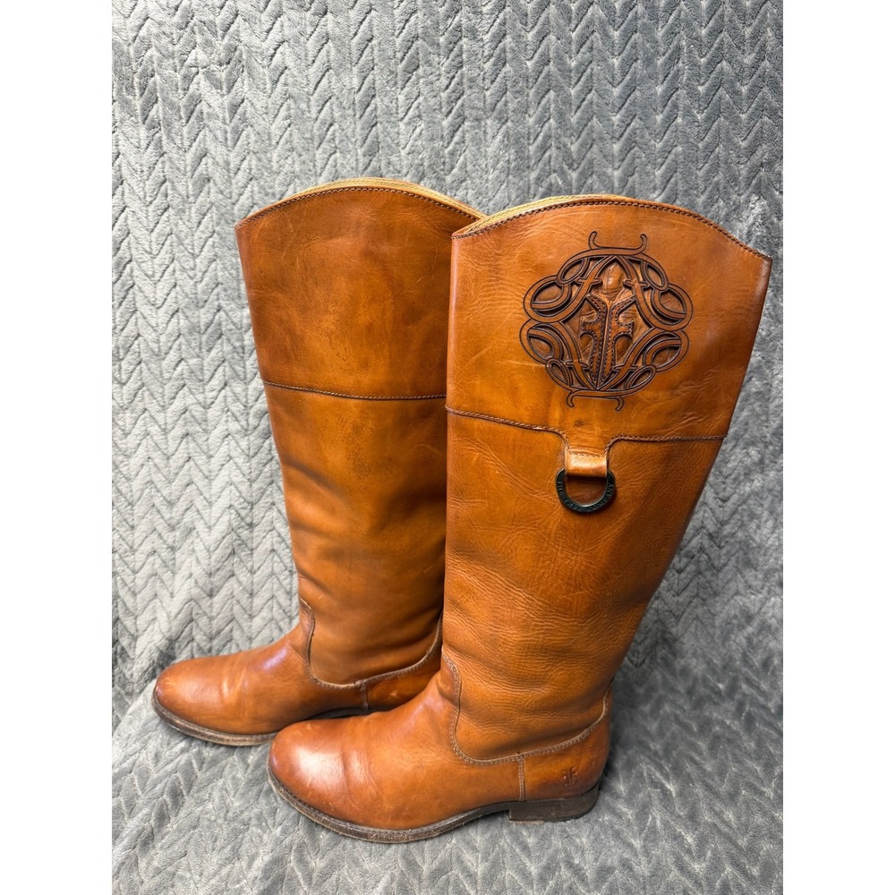 Frye Melissa Logo Riding Boots 7 Cognac Leather Embossed Equestrian 76435